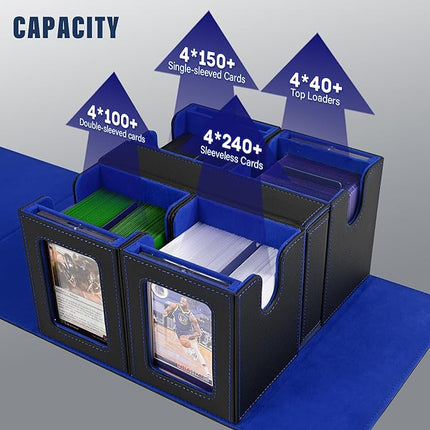 Card Deck Box for MTG with Commander Display, 5 in 1 Card Storage Box Fits 400+ Double-sleeved Cards, Removable Deck Case for TCG/Sports Cards with Dice Tray, 4 Magnetic Card Holders (Black Blue)