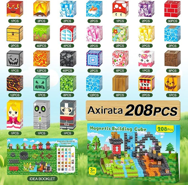 Axirata 208 PCS Magn-etic Building Blocks, Magn-etic Block Building Cubes Set for Kids Toddlers Ages 3+, STEM Sensory Toys Mag-net Tiles Birthday Gifts for Boys and Girls Age 3 4 5 6 7 8 9 10 11 12+