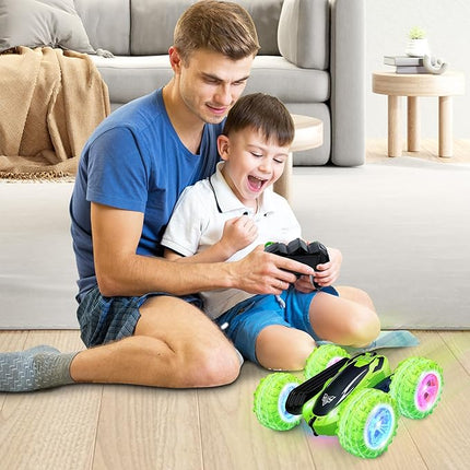 KKONES Remote Control Car, 2.4GHz Electric Race Stunt Car, Double Sided 360° Rolling Rotating Rotation, LED Headlights RC 4WD High Speed Off Road Gift for 3 4 5 6 7 8-12 Year Old Boy Toys (Green)