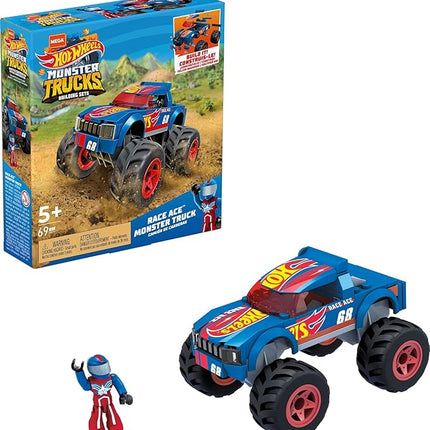 MEGA Hot Wheels Monster Trucks Building Toy Playset, Race Ace with 69 Pieces, 1 Micro Action Figure Driver, Red, Kids Age 5+ Years