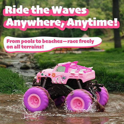 Threeking 1:16 Waterproof Pink RC Monster Truck Toys Amphibious Remote Control Car Pickup 4WD All-Terrain Toy Gift for Girls Ages 6 7 8 9 10 11 12 Durable Off-Road Fun for Indoor & Outdoor Play