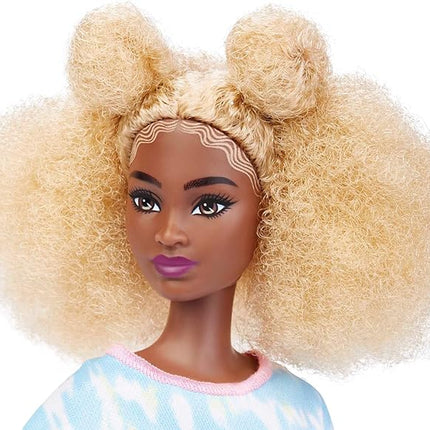 Barbie Fashionistas Doll, Tall, Blonde Afro with Side Puffs, Tie-dye Romper, Sneakers, Yellow Bracelet, Toy for Kids 3 to 8 Years Old