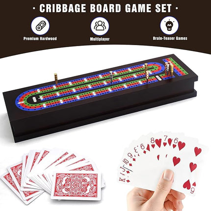 Wooden Cribbage Board Game Set with Metal Pegs and 2 Decks of Playing Cards, Travel Cribbage Board with Card Storage, Magnetic Lock, Classic Continuous 3 Track Cribbage Set for Family