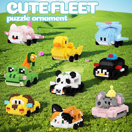 Fleet Mengmeng Mini Micro Building Blocks Set - 9 Cute Animal & Vehicle Models, Ideal Party Favor for Kids, Fun Building Blocks for Adults