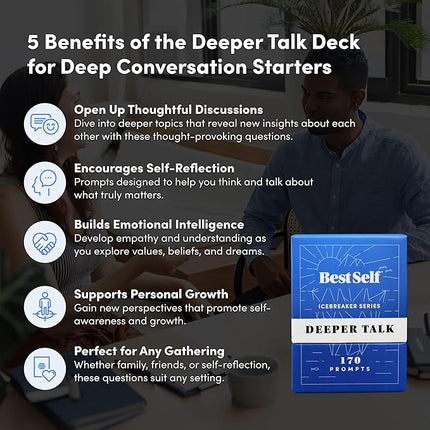 BestSelf Icebreaker Deeper Talk Deck - Conversation Starter Card Pack to Deepen Friendships with 170 Prompts to Create Real Conversations for Friends, Coworkers, Family, Dates