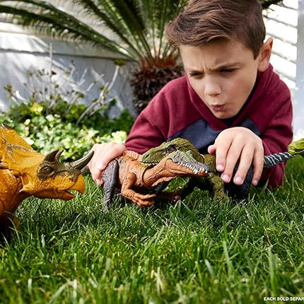 Mattel Jurassic World Wild Roar Dinosaur Toy with Sound & Attack Move, Regaliceratops Posable Action Figure Includes Digital Play, 11 inches Long