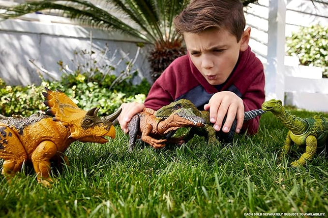 Mattel Jurassic World Wild Roar Dinosaur Toy with Sound & Attack Move, Regaliceratops Posable Action Figure Includes Digital Play, 11 inches Long