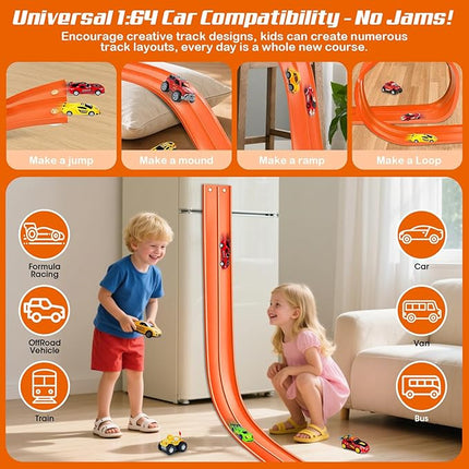 for Hot Wheels Race Car Flexible Track for Kids Toy,Diecast 1/64th Kids Toy Cars Flex Track Ramp 15Ft Starter Set Long Rolls Up Portable Flexible DIY Racetrack with Suction Cups for Boy Girl Age 3+