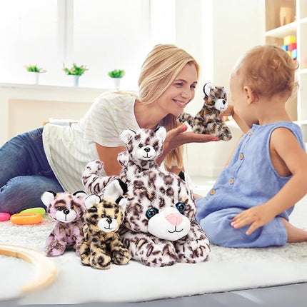 IKASA Mommy Leopard Stuffed Animal Mom and Baby Cheetah Plush Toy, Cute 18" Soft Small Mama Family Set Toys with Little Mini Babies,Gifts for Kids