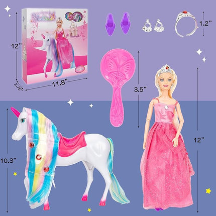 Yellow River Magical Light Unicon and 11.5" Princess Doll, Unicorn Gifts for Christmas Birthday for Girls 3+, Fairy Tale Story Unicorn Horse Toys Playset for Kids Ages 3 4 5 6 7 8
