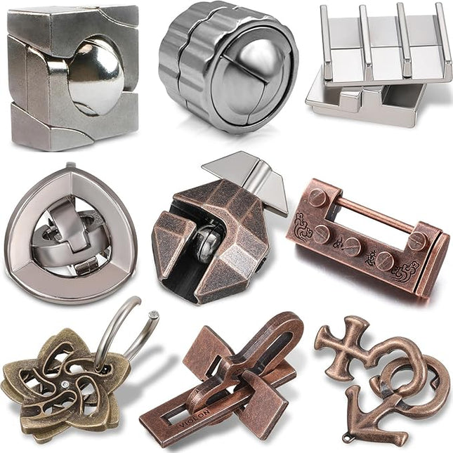 Wettarn 9 Pcs Metal Brain Teaser Puzzles Teaser 3D Steel Puzzle for Adults Unlock Interlocking Games IQ Education Smart Logic Test Toys for Adults Mind Challenge(Educational Style)