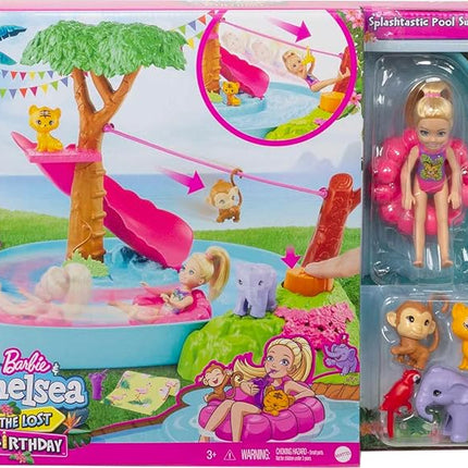 Barbie and Chelsea The Lost Birthday Splashtastic Pool Surprise Playset with Chelsea Doll (6-in), 3 Baby Animals, Slide, Zipline & Accessories, Gift for 3 to 7 Year Olds