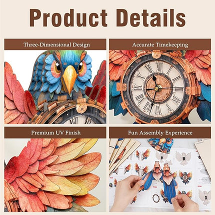 3D Wooden Puzzles for Adults Parrot Clock - Wall ‌‌Clock Puzzle Xmas Room Model Building Kit Creative Art Craft Gift Home Decor for DIY Enthusiasts, Brain Teaser Building Set Birthday Gifts