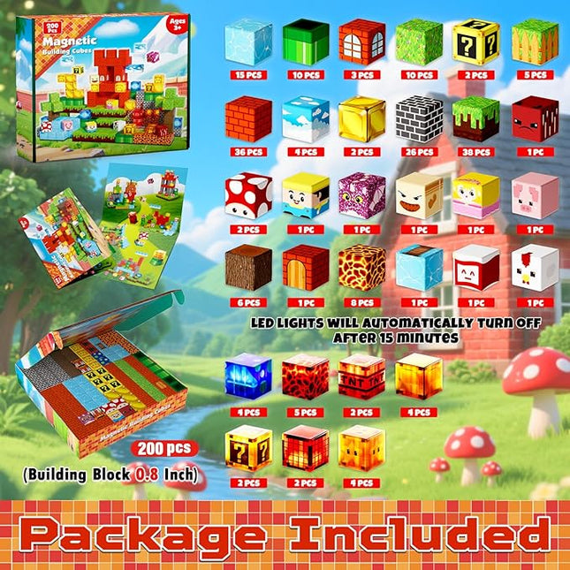 Goody King 200pcs Magnetic Blocks with Light Blocks, Educational Sensory Magnet Toy Gift, STEM Montessori Building Set for Kids Ages 3+, Creative Magnetic Cubes Construction Playset