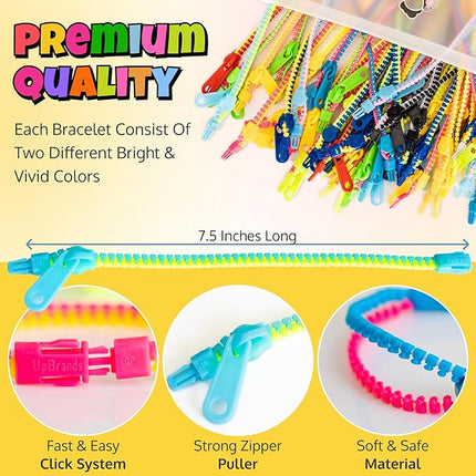 UpBrands 120 Students Incentives Friendship Zipper Bracelets 7.5”, Easter Favors for Kids, Stress Relief Quiet Fidget Toys, Kit for Kids Valentine Gifts, Goodie Bags, Easter Egg Fillers, School Prizes