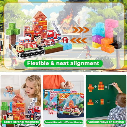 GoodyKing Magnetic Blocks|100PCS Fire Truck Magnetic Building Cube Game,Constructions Toys for Boys & Girls Age 3-4,5-8 9 10,STEM Montessori Stacking Toy,Sensory Tiles Building Christmas for Toddlers