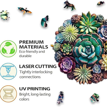 Wooden Puzzles, 151 Pieces Succulent Plants Jigsaw Puzzles, Unique Shaped Wooden Puzzle for Adults and Kids, Family Game(Succulent Plants, Large)