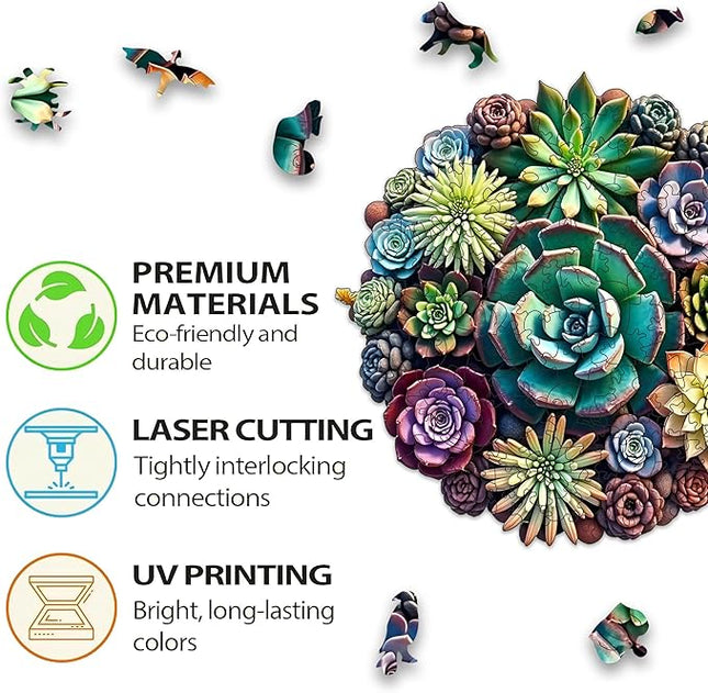 Wooden Puzzles, 150 Pieces Succulent Plants Jigsaw Puzzles, Unique Shaped Wooden Puzzle for Adults and Kids, Family Game(Succulent Plants, Medium)