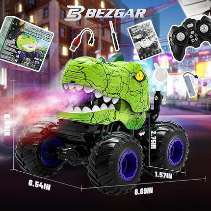 BEZGAR Monster Truck Toys - Remote Control Monster Truck with Spray, Light, Music, Dinosaur Toys for Kids, 1:20 Scale RC Truck with 360° Spins and Drifting, Remote Control Car for Boys 4-7 Green