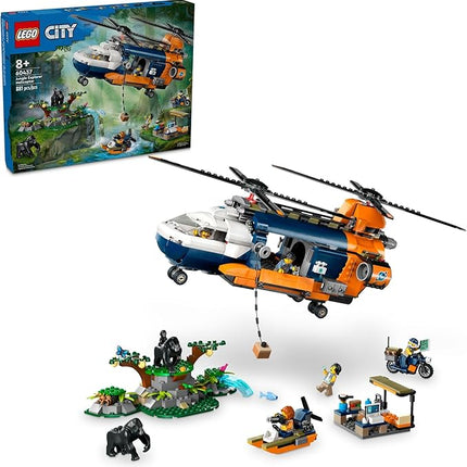 LEGO City Jungle Explorer Helicopter Toy at Base Camp - Kids Toy Adventure Building Set for Boys & Girls, Ages 8+ - with 5 Minifigures & Gorilla Figures - Gift Ideas for Birthdays - 60437