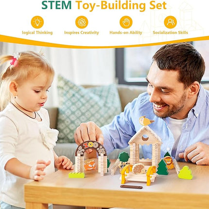 Wooden Building Blocks Wooden Building Blocks Construction Set Preschool Learning Montessori Toys Construction City Stacking Toys for Kids Ages 3-8 Birthday Gift (Log Color)