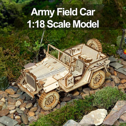 ROKR 3D Wooden Puzzle for Adults-Mechanical Car Model Kits-Brain Teaser Puzzles-Vehicle Building Kits-Unique Gift for Kids on Birthday/Christmas Day(1:18 Scale)(MC701-Army Field Car)