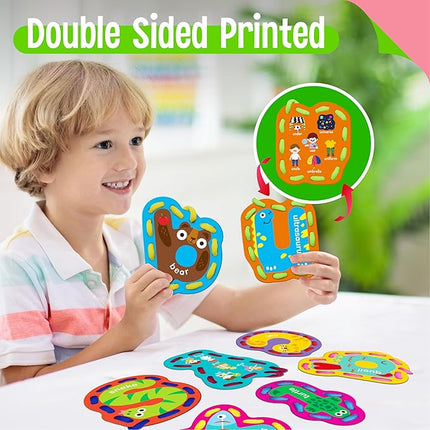 SpriteGru 26PCS Alphabet Lacing Cards, Lowercase Letters Sewing Kit with 26 Double-Sided Cards and 26 Colorful Laces Alphabet Learning Toy Motor Skills Art Crafts for Toddlers, Kids, Students
