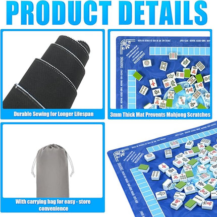 Mahjong Mat with Carrying Bag for Table 32x32 Inch – Non-Slip Noise-Reducing Rubber Mat with Rules for Mahjong, Poker, Card Games, Board Games & Dominoes (Blue)