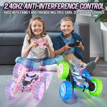 Remote Control Car, Double Sided 360°Rotating 4WD RC Cars with Headlights 2.4GHz Electric Race Stunt Toy Car Rechargeable Toy Cars for Boys Girls Birthday (Pink and Purple)