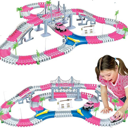 168 PCS Pink Magic Bendable Race Track Toy, Snap Together Create a Road Flexible Track Car Set for Toddlers, Kids, Boys, and Girls
