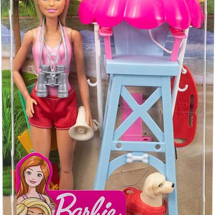 Barbie Careers Playset, Blonde Lifeguard Doll Wearing Removable Outfit with Dog, Chair & 5+ Accessories