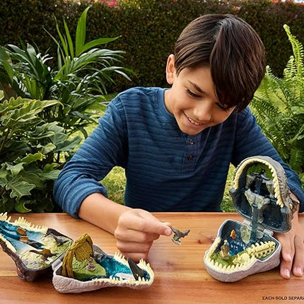 Mattel Jurassic World Rebirth Micro Adventure Playset, Spinosaurus Head Opens to 4 Interactive Features, 3 Micro Figures, Dinosaur Toy