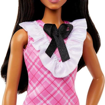 Barbie Fashionistas Doll #209 with Black Hair Wearing Removable Pink Plaid Dress, Pearlescent Headband & Strappy Heels