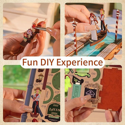 Tonecheer DIY Book Nook Kit for Adults, 3D Wooden Puzzle Bookend Bookshelf Insert Library Decor, Booknook Miniature House Kit with Body Motion Sensor LED Light (Travel in Venice)