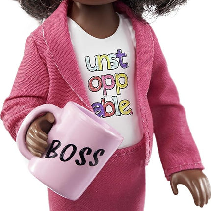 Barbie Chelsea Can Be Anything Doll & Playset, Brunette Boss Small Doll with Curly Hair, Outfit & 7 Career Accessories