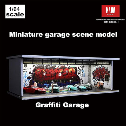 Display Case for Hot Wheels,Diorama 1/64 Scale Car Garage Model with LED Lights and Acrylic Cover, Stackable Car Parking Lot Model,Diecast Car Display Case(Graffiti Garage)