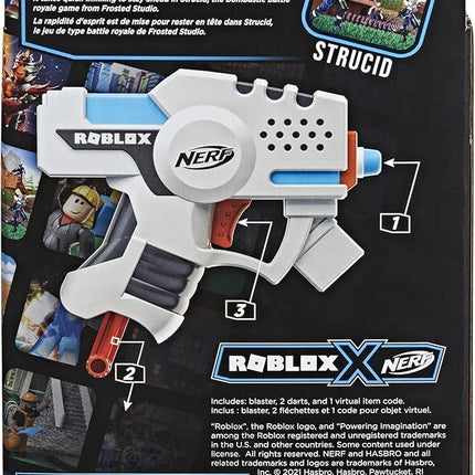Nerf Roblox Strucid: Boom Strike Dart Blaster, Pull-Down Priming Handle, 2 Elite Darts, Code to Unlock in-Game Virtual Item, White