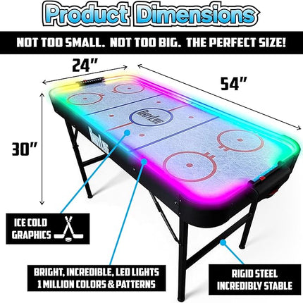 PartyLife 54" Air Hockey Table w/Folding Steel Legs & Optional LED Lights - Powerful Motor, Smooth Surface, Very Sturdy - Perfect for Kids and Adults, Game Rooms & Home Arcade!