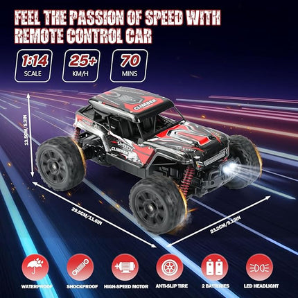 1:14 Remote Control Car for Kids, 2.4GHz Remote Control Trucks for Boys 8-12, Assembled RC Monster Truck RC Cars with 2 2S Rechargeable Batteries, All Terrain Off-Road RC Truck for Boys Girls