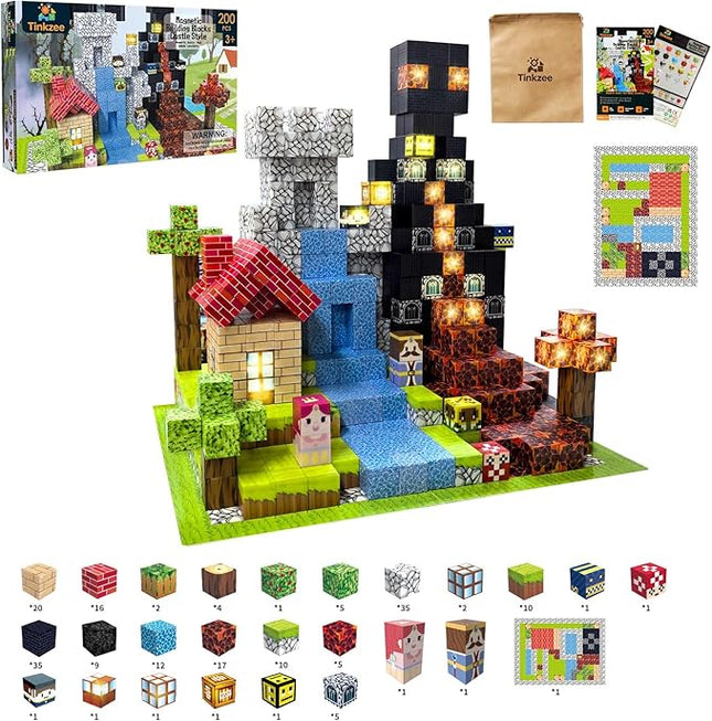 200 PCS Magnetic Building Blocks–STEM Educational Magnet Cube Set with 15 LED Light-Up Blocks (Replaceable Battery)&Foldable Magnetic Board,Creative Construction Toy Gift for Kids (Boys&Girls Ages 3+)