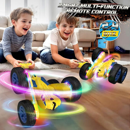Remote Control Car,RC Cars with Sides Light Strip and Headlights,Double Sided 360 Flips Rotating RC Stunt Car,2.4Ghz All Terrain Toys for Ages 4-6 Kids Toy for Boys Girls Birthday Gift(Yellow)
