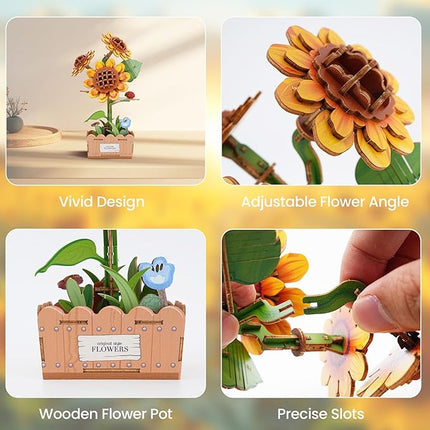 3D Wooden Puzzles for Adults - Sunflower Flower Puzzle, DIY Wooden Flowers Model Building Kits Crafts, Botanical Collection Gift Ideas for Mother's Day Birthday Christmas Housewarming