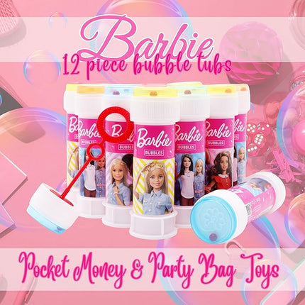 Toyland® Pack of 12 Barbie Bubble Tubs with Wands, 2fl oz Solution & Novelty Maze Lid - Pocket Money & Party Bag Toys