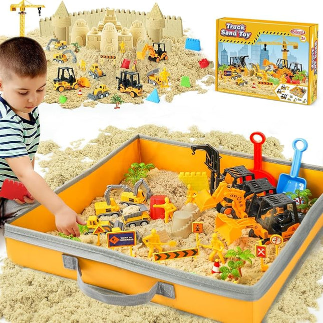 Sand Construction Kit with Big Foldable Sandbox and 2.2lbs Magic Sand, Truck Toys Including Castle Molds and Other Accessories - 36Pc Set for Kids 3+