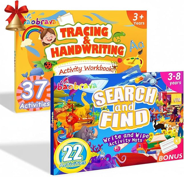 Baobrava Search and Find Book and Handwriting Practice Books Set, More Than 50+ Preschool Learning Activities for Toddler and Kids 3-8, Travel Games for Road Trip Car Airplane