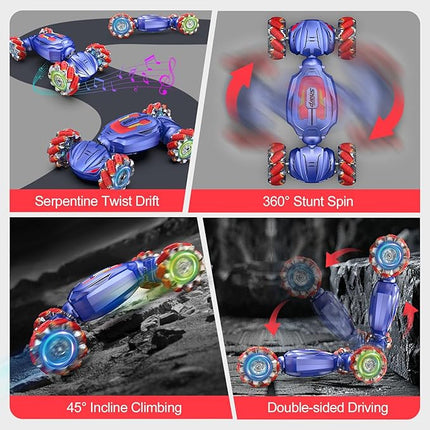 Gesture Sensing RC Stunt Car, Boys Girls Ages 6-12 Birthday Gift Ideas, 4WD Transform Off Road for Rotating Hand-Controlled 2.4Ghz Remote Control Twist Cars with Lights and Music Blue