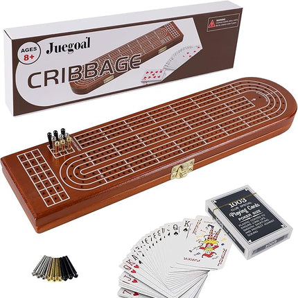 Juegoal Wood Cribbage Board Game Set 3 Tracks with Metal Pegs, Cards, Storage Area