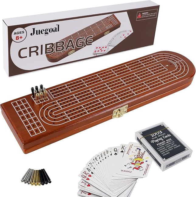 Juegoal Wood Cribbage Board Game Set 3 Tracks with Metal Pegs, Cards, Storage Area