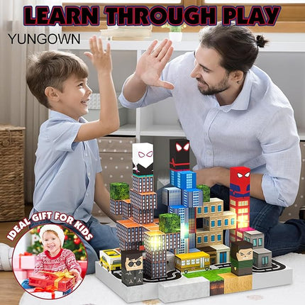 150 PCS Magnetic Blocks Building Toys Set, Spider Toys Light Up Magnetic Building Blocks for Boys Girls Ages 3+, 1 Inch Magnet Cubes STEM Sensory Construction Toy City Themes