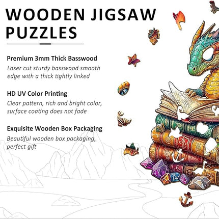 Wooden Puzzles for Adults - Reading Dragon Wood Puzzles Adult - Unique Animal Shape Wooden Jigsaw Puzzles for Adults - Birthday Gifts for Puzzle Lovers, Family (8.5 * 8.5in)